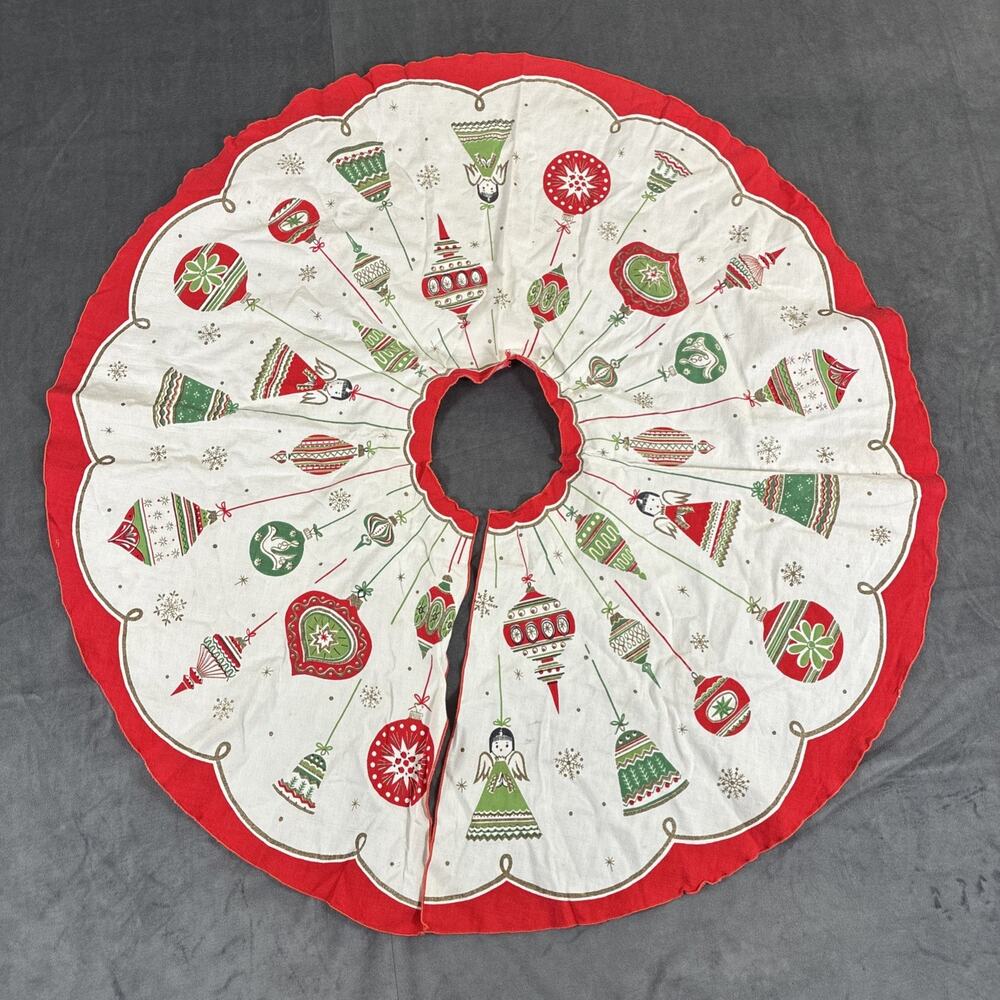 Vintage Cotton Christmas Tree Skirt 37 inches Ornaments Angels Benefits Charity